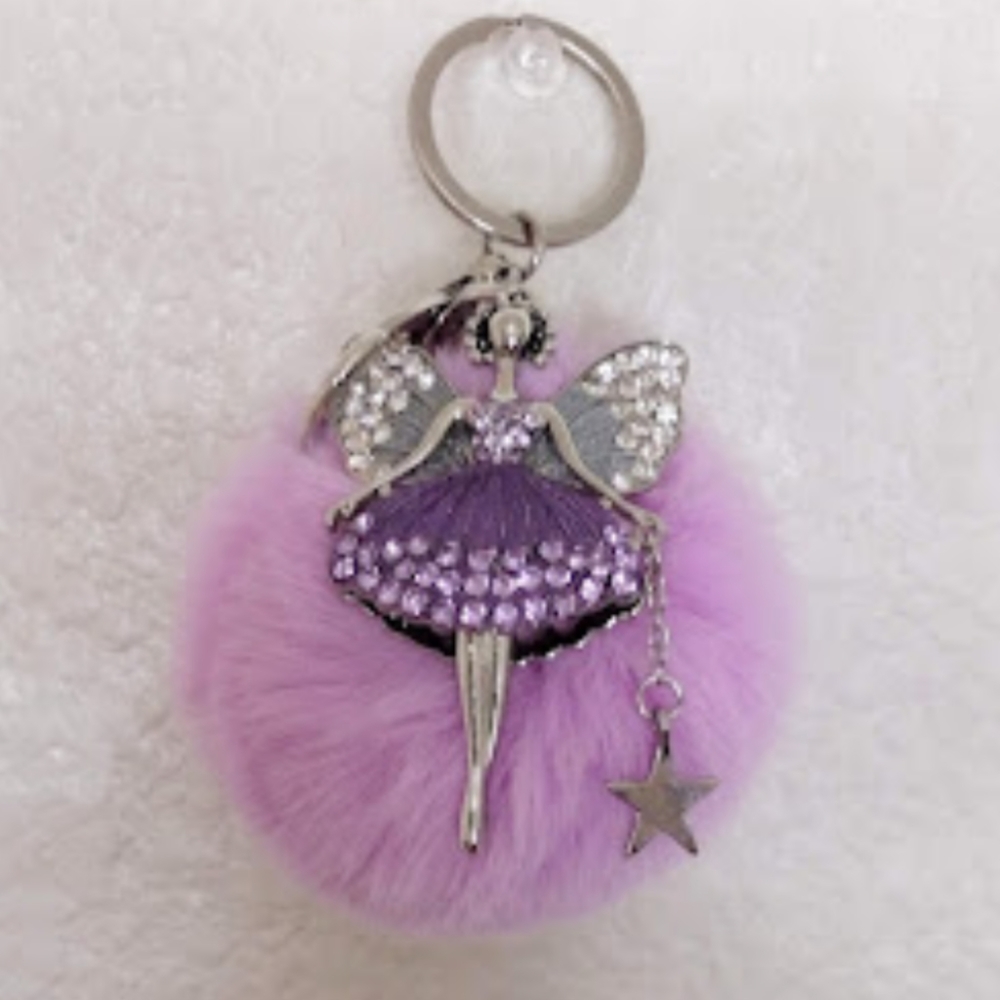 Lilac Pom Pom Bag Charm-Keychain w/Ballerina Pendant